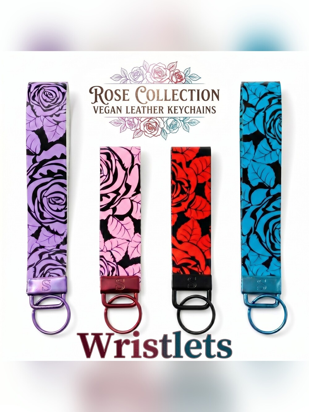 Rose Floral Collection Vegan Leather Wristlet Keychains - Just Jen